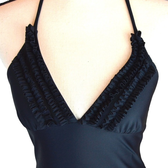 Hula Honey Black Halter Tie Ruffle Trim V Neck Tankini, Size Small - Picture 3 of 8